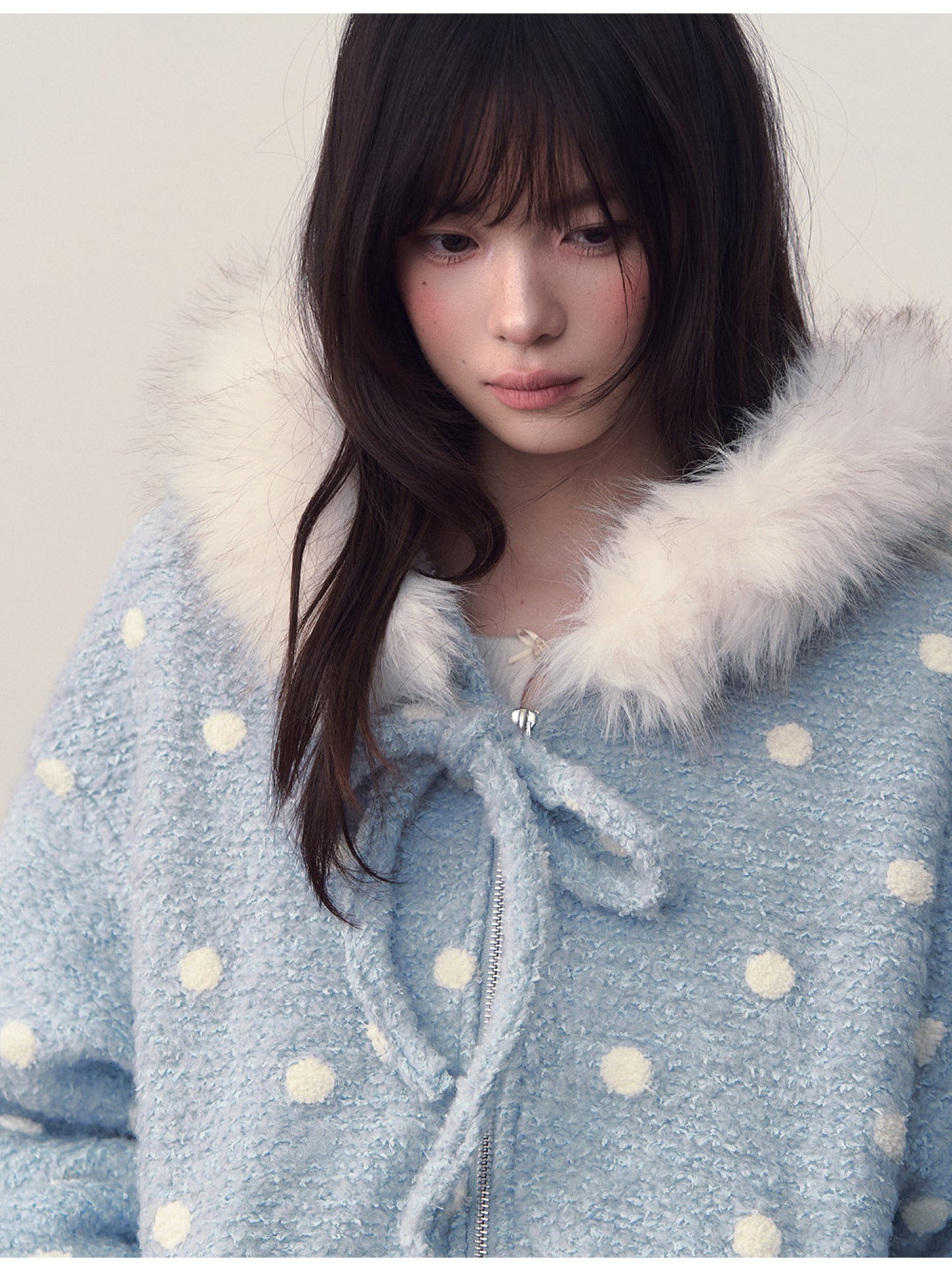 Soote Season - Pastel Blue Polka Dot Wool-Blend Hooded Varsity Jacket with Bow Detail