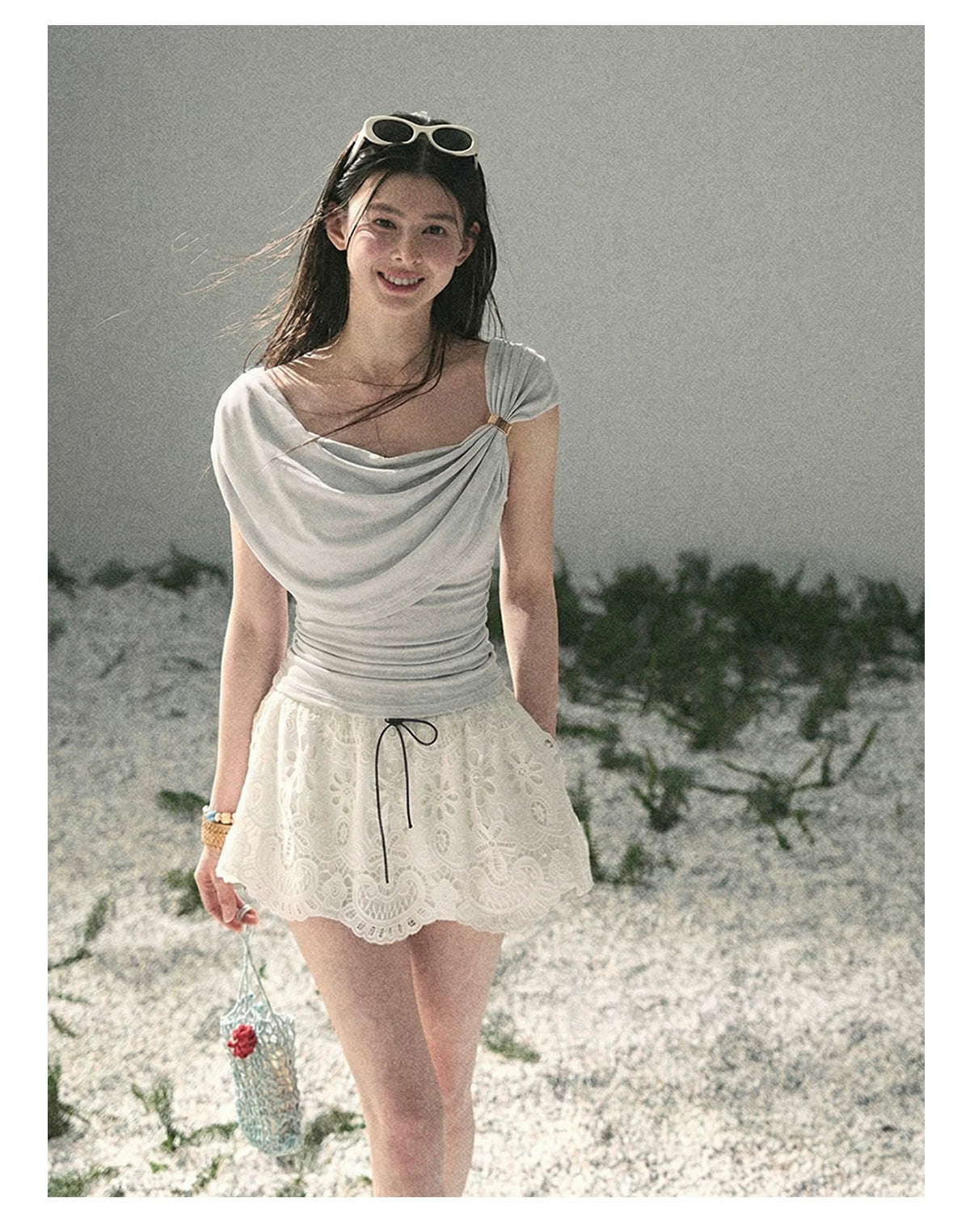 “When the Wind Stole Moonlight” Moonstone Draped Off-Shoulder Top