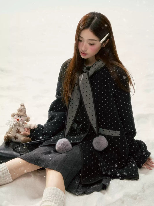 BIBIBENCY - Gray & Black Reversible Polka Dot Wool-Look Coat