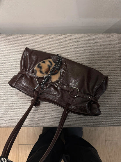 “Vintage Waxed Leather” Korean-Style Tote Shoulder Bag (Black / Brown / Burgundy)