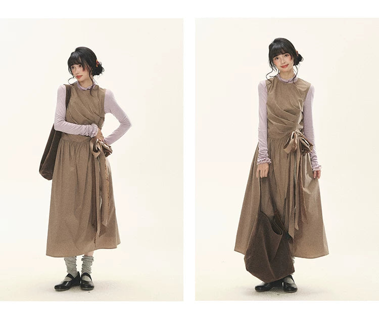 "Cream Cocoa" Cream Cocoa Ruched Bow Pinafore Maxi Dress