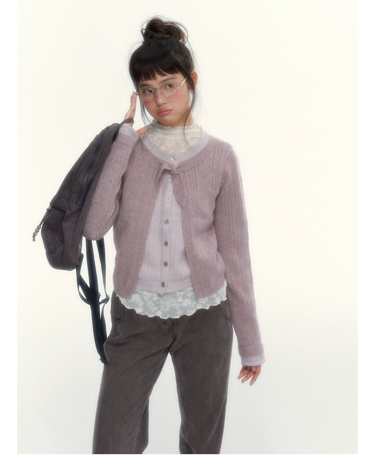 Korean Contrast Bow-Tie Layered Knit Cardigan (Blue / Purple)