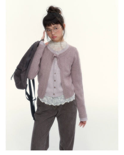 Korean Contrast Bow-Tie Layered Knit Cardigan (Blue / Purple)