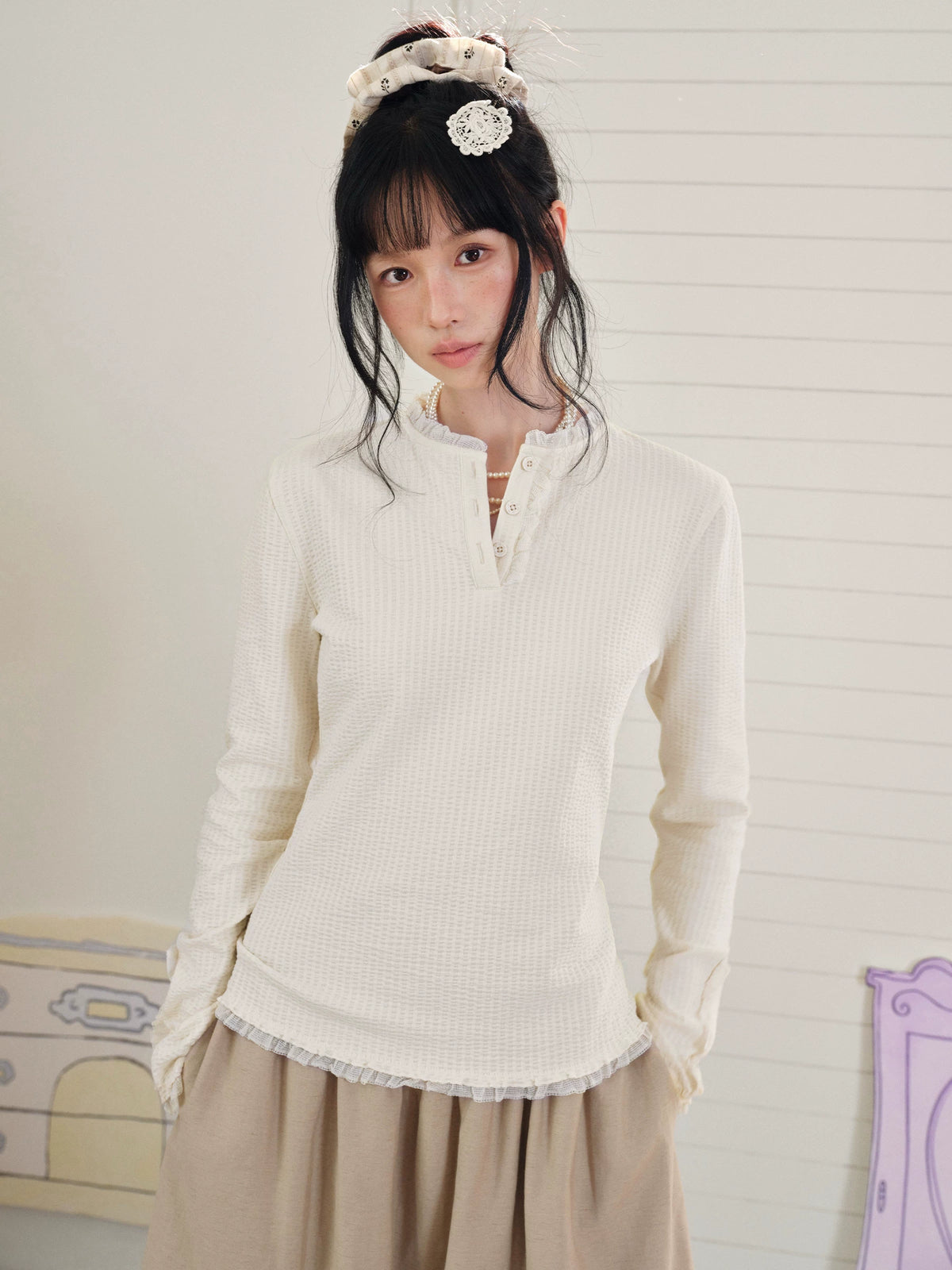 DAILY ARTIST - Cream Beige Henley Bubble Gauze Lace-Trim Top