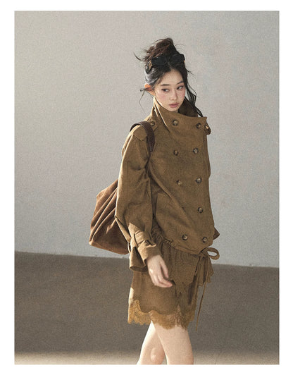 AOMALM - Sandstone Brown Faux-Suede Jacket & Lace-Trim Mini Skirt Set