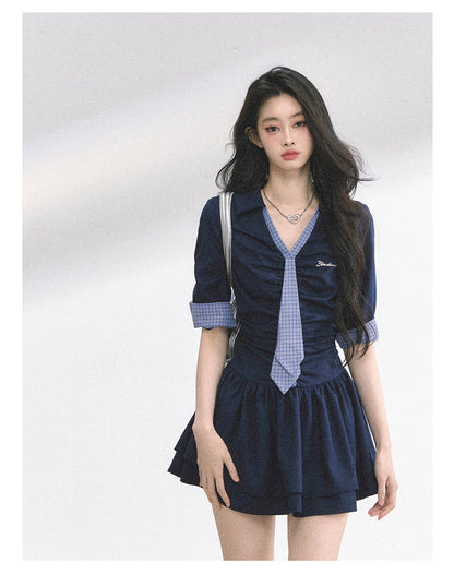 少也眼 "London Chronicle" Structured Plaid Puff-Sleeve Mini Shirt Dress - Navy Blue