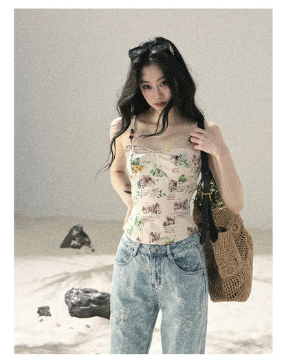 "Twinkling Starlight" Sky Blue Floral Rhinestone Wide-Leg Jeans