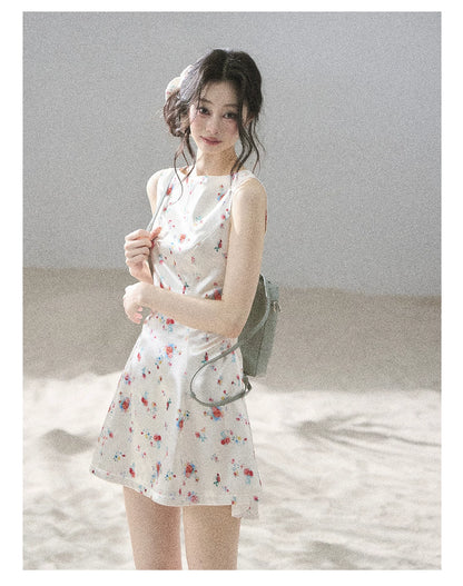 "Where Every Bloom Begins" Dutch Cream Floral Satin Puff Mini Dress (With Matching Scrunchie)