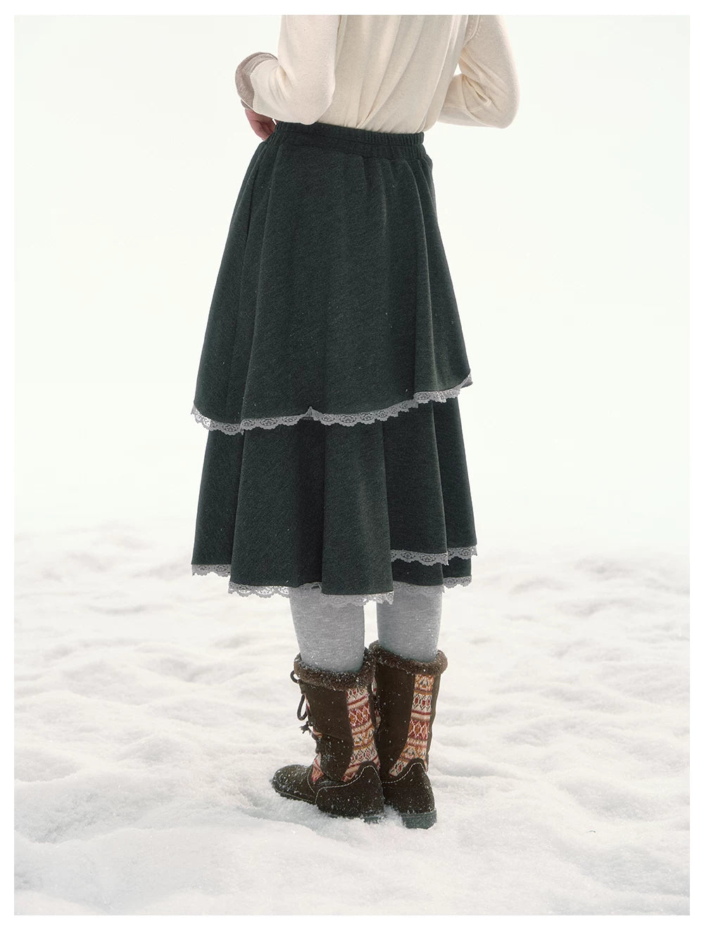 CANSTORE - "Shadow Muse" Dark Gray Layered Ruffle Midi Skirt with Lace Trim