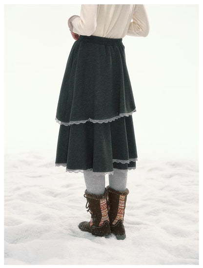 CANSTORE - "Shadow Muse" Dark Gray Layered Ruffle Midi Skirt with Lace Trim