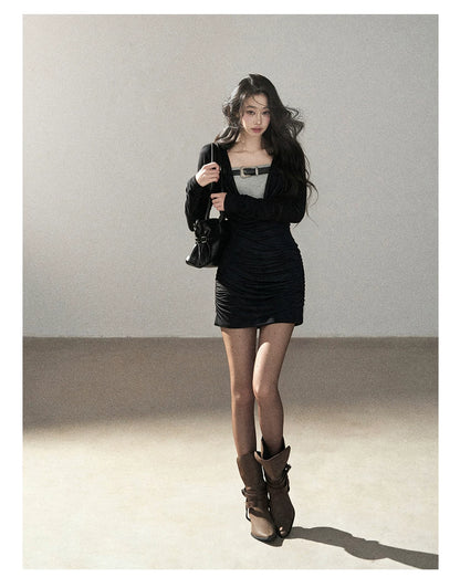 AOMALM - "Misty Shore" Quiet Black Layered Knit Mini Dress