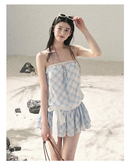 "Breeze Upon the Waves" Ice Crystal Blue Off-Shoulder Diamond Quilted Mini Dress