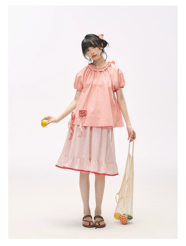 "Pink Grapefruit Bloom" Grapefruit Red Rose Puff Sleeve Blouse