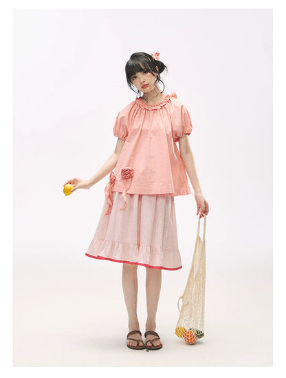 "Pink Grapefruit Bloom" Grapefruit Red Rose Puff Sleeve Blouse