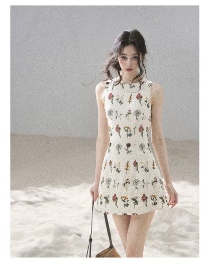 "Wildflower Daydream" Dutch Cream Embroidered Mini Dress - Sleeveless 45684