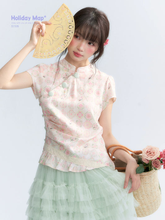 "Lime Mille-Feuille Glow" Peach Mist Chinese-Inspired Short Sleeve Top & Lime Green Tulle Tiered Skirt Set