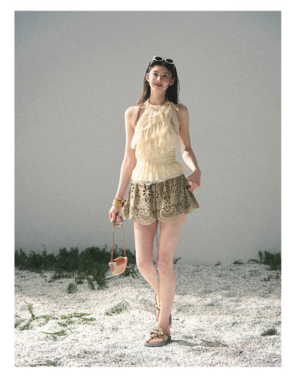 “Spring Traces in Tulle” Pale Butter Lace Halter Top