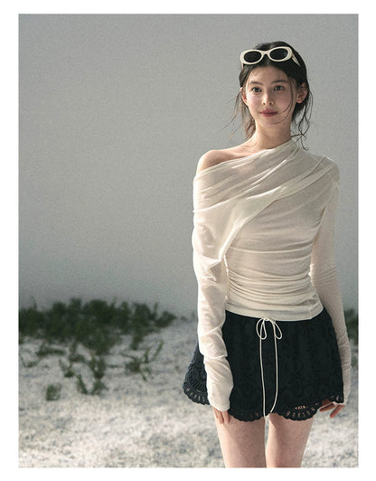 “Where Shadow Walks Beside Light” Milk Apricot Asymmetrical Top