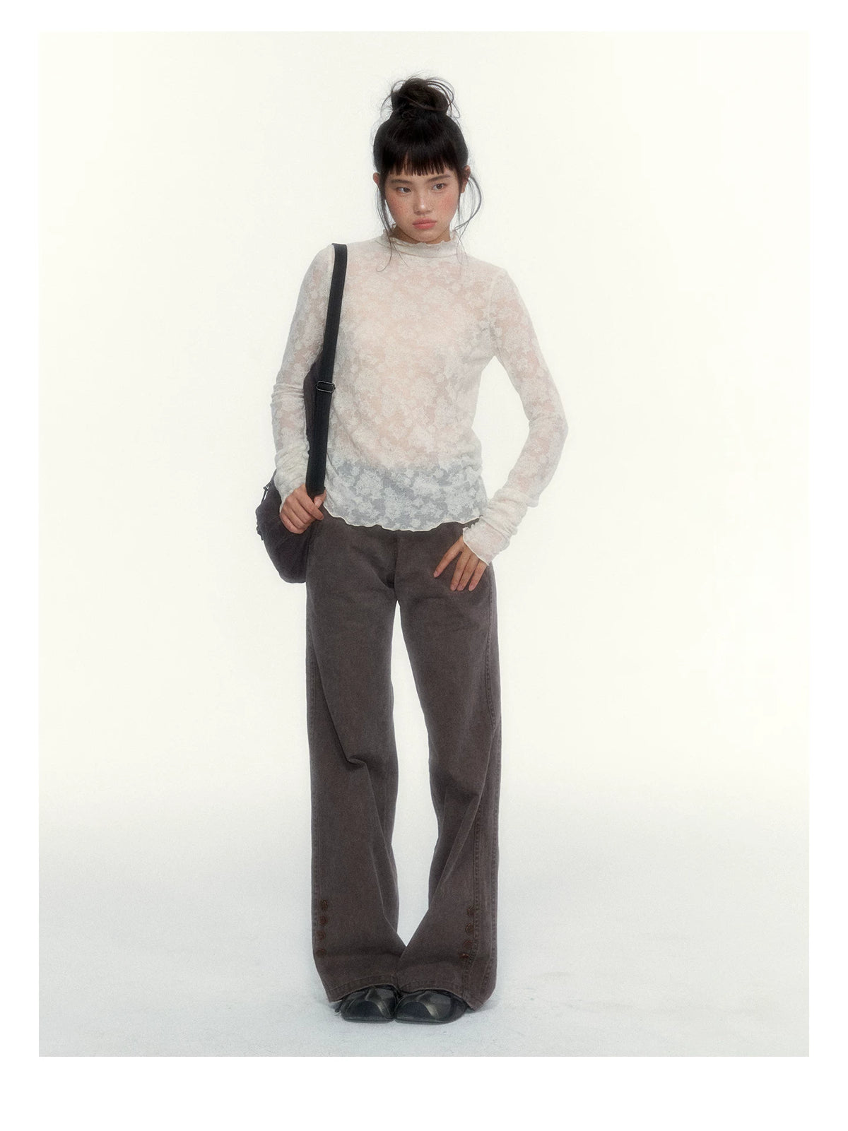 “Everyday Mist” Jacquard Lace Layering Top ( Ivory / Fog Gray )
