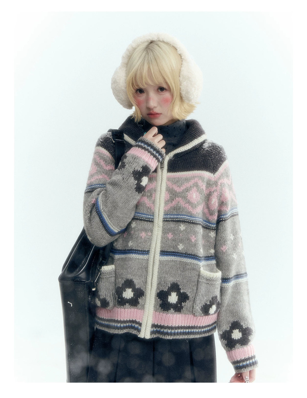 Horridale - Gray Pink Fair Isle Floral Zip-Up Knit Cardigan
