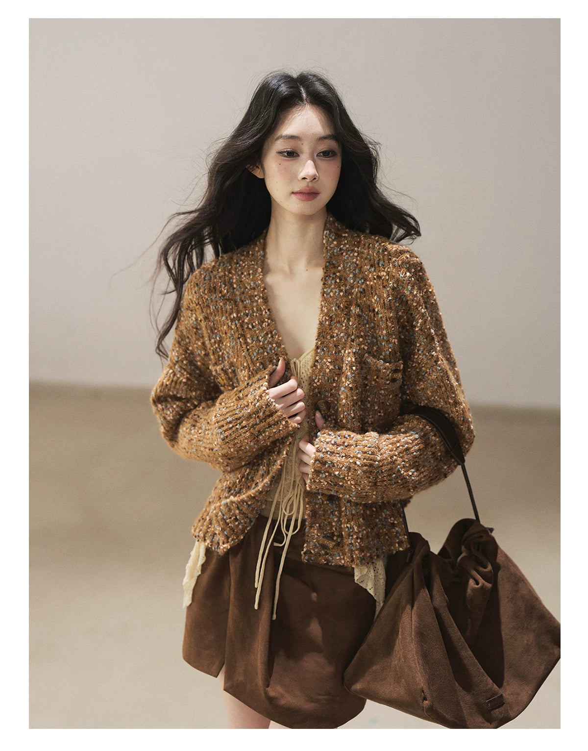 AOMALM - "The Gap of Light" Cheese Yellow Korean Ruffle Lace-Trim Knit Cardigan