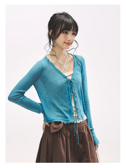 "Comfort Corner" Tie-Front Knit Cardigan (Melon Green/ Peacock Blue)