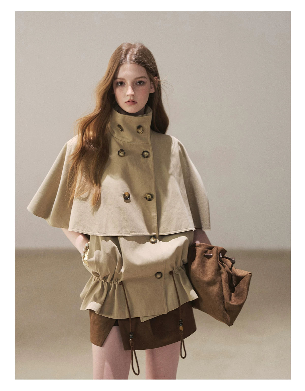AOMALM - "Through the Oak Grove" Almond Taupe Cape Coat with Drawstring