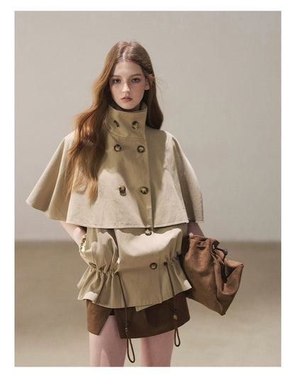 AOMALM - "Through the Oak Grove" Almond Taupe Cape Coat with Drawstring
