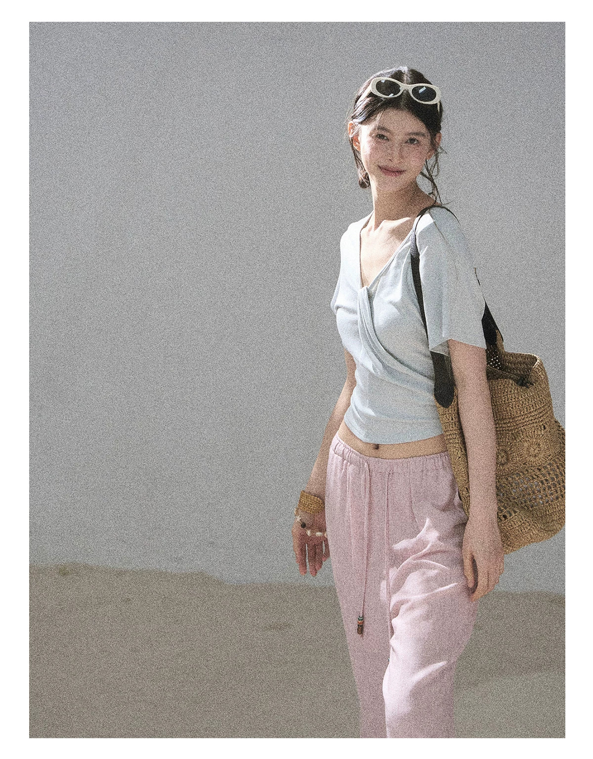 "Moonlight on Water" Twist-Front Cropped T-Shirt (Silver Mink Gray/ Mist Blue)