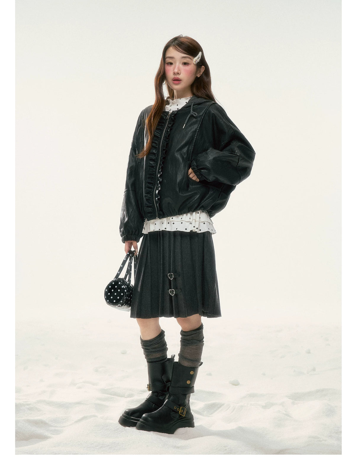 BIBIBENCY - Black Ruffle-Trim Faux Leather Jacket