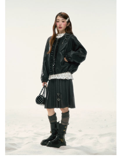 BIBIBENCY - Black Ruffle-Trim Faux Leather Jacket