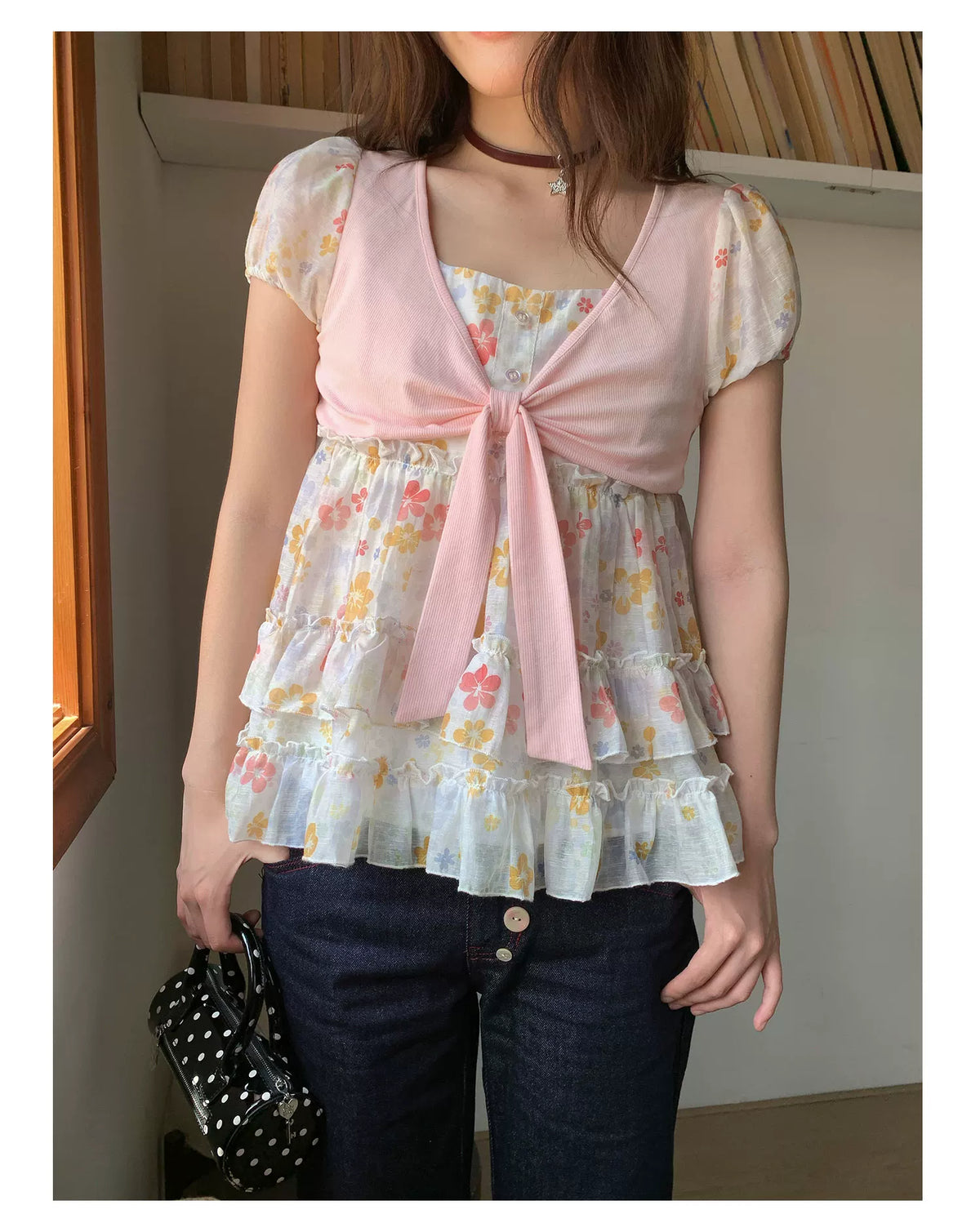 [RF] “Brown Sugar Milk Foam” Blue Vintage Patchwork Faux Two-Piece Cropped Jeans