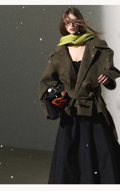 OAKMOO/ "The Flowers Are in Full Bloom" Jade Green Wool-Blend Short Belted Coat
