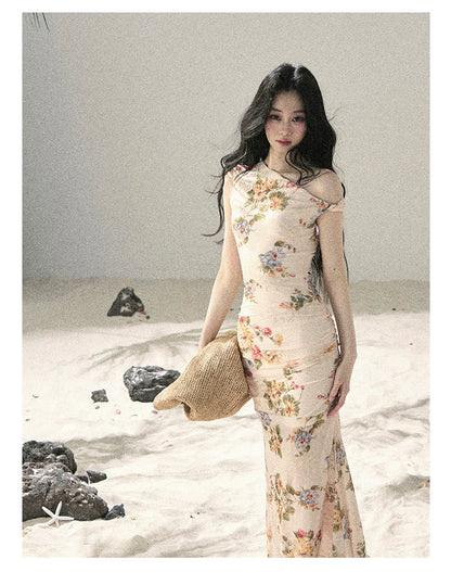 "Waiting for Blossoms" Dutch Cream Floral Mermaid Maxi Dress 43236