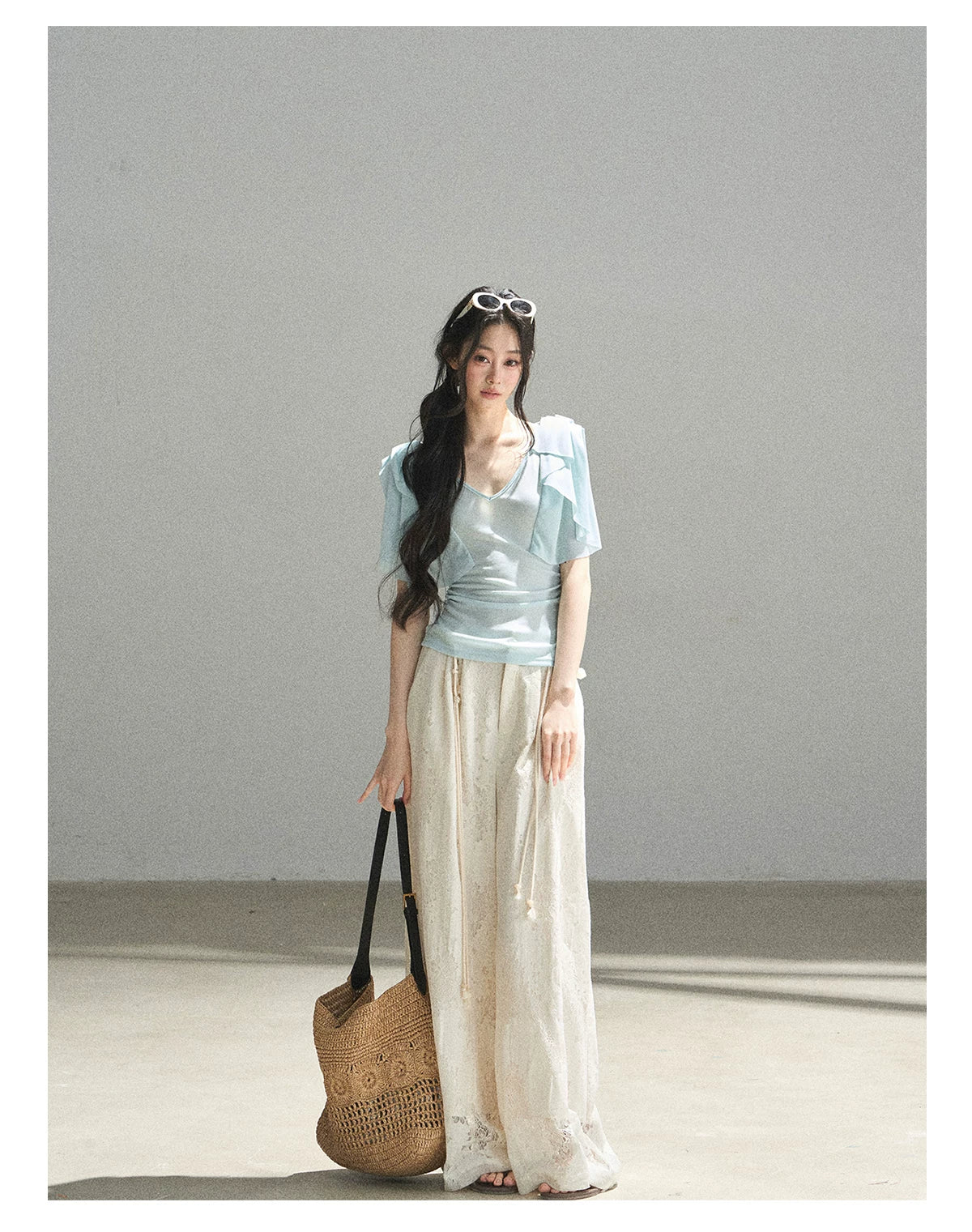 "Where Clouds Fall" Ruffle Sleeve V-Neck Crop Top (Forest Green/ Sage Gray/ Misty Blue/ Cinnamon Pink)