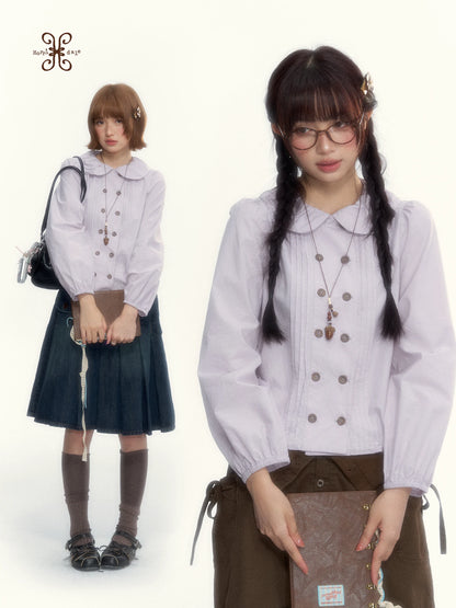 “Academy Melody” Navy Plaid & Dusty Purple Peter Pan Collar Cotton Shirt (Navy Plaid / Dusty Purple)