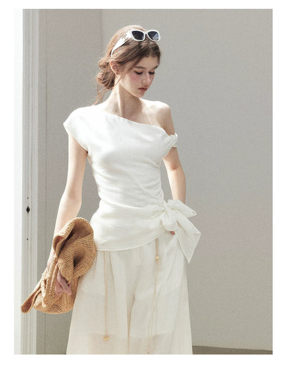 "Her Moonlight" Camellia White Off-Shoulder Top & Wide-Leg Pants Set