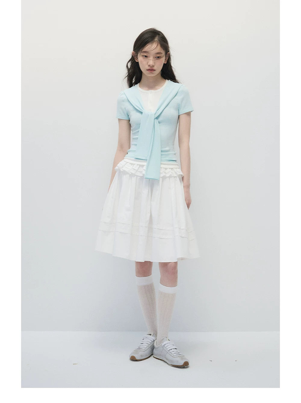 Mint Blue Faux Two-Piece Top & White A-Line Midi Skirt Set