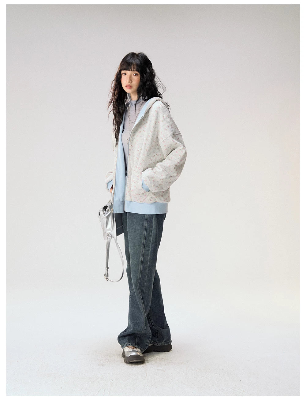 [CAN] "Misty Blue Floral Reverie" Light Blue Floral Set (Reversible Jacket / Sweatpants / Tiered Skirt)