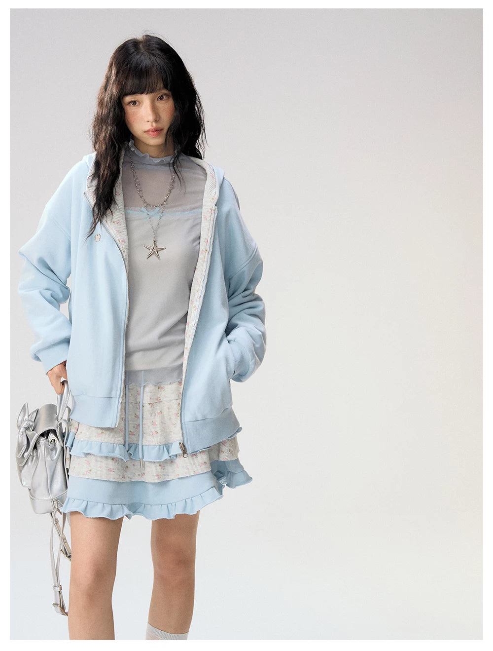 [CAN] "Misty Blue Floral Reverie" Light Blue Floral Set (Reversible Jacket / Sweatpants / Tiered Skirt)
