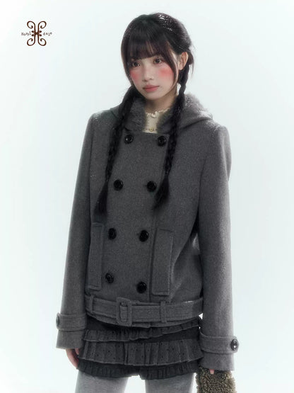 Horridale - Dark Gray Double-Breasted Hooded Wool Blend Coat