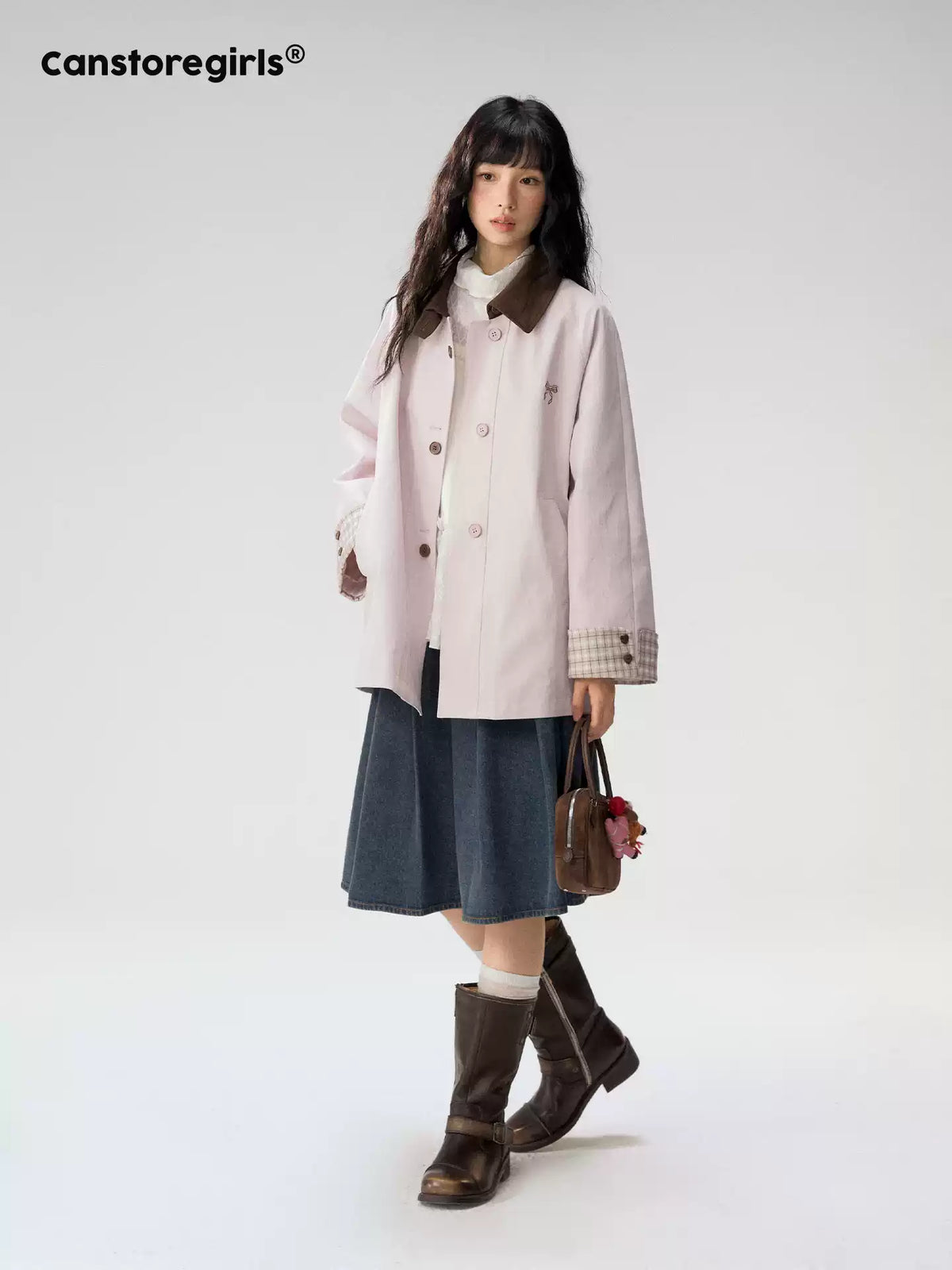 [CAN] Marshmallow & Cookie" Dusty Pink & Brown Plaid Bow Embroidered Trench Coat