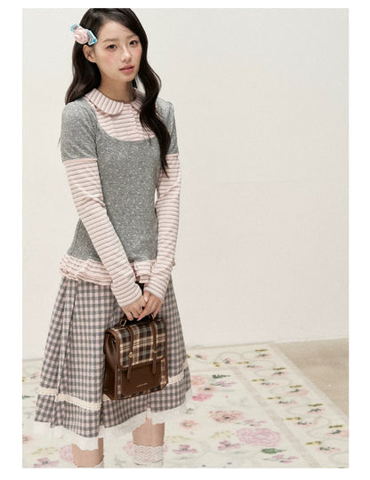 [RF] Floral Gray Pink Faux Two-Piece Striped Layered Blouse with Peter Pan Collar