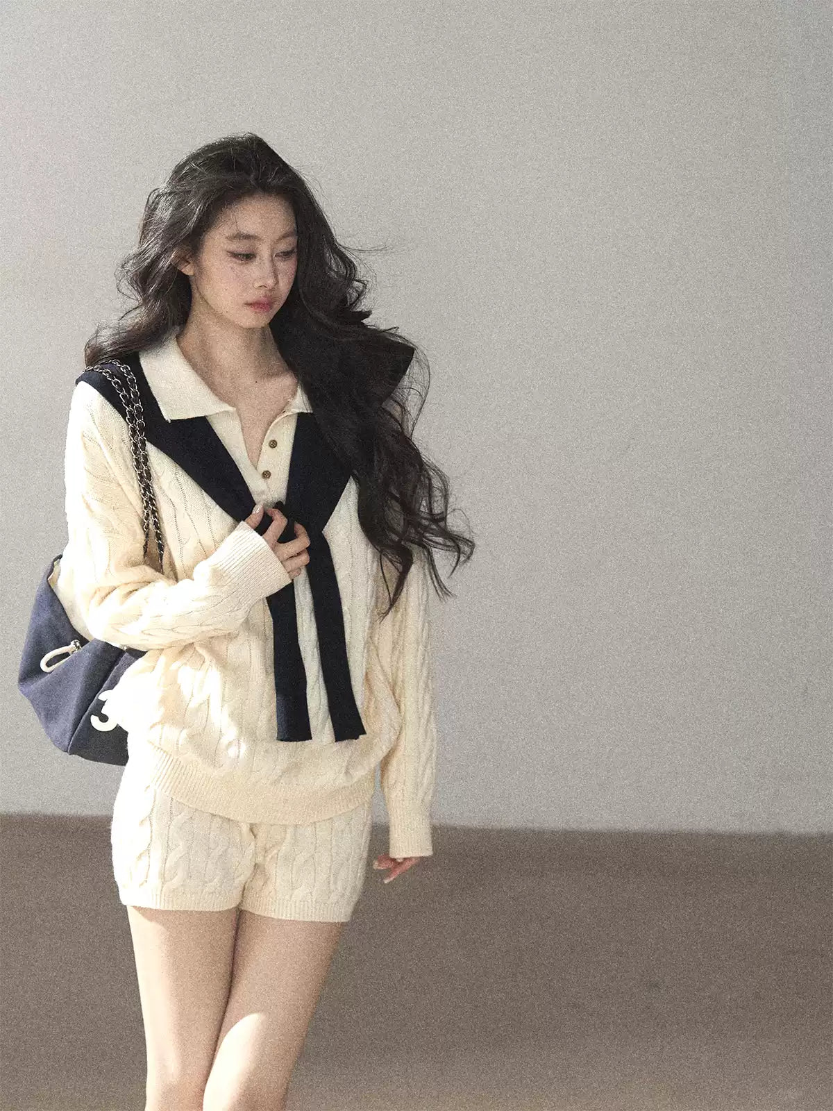 AOMALM - Dutch Cream Cable Knit Sweater & Shorts Set with Shawl