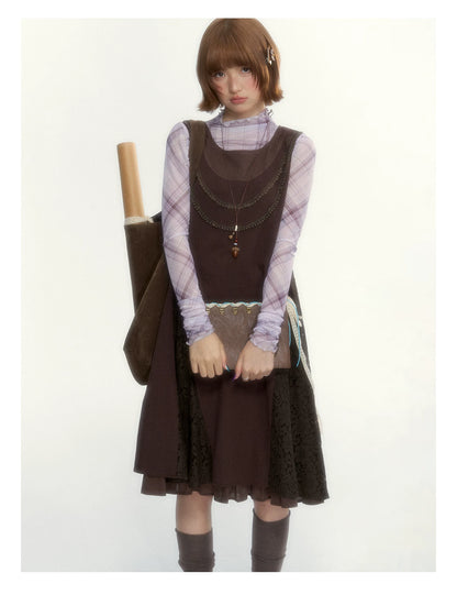 "Caramel Afterglow" Cocoa Brown Lace-Trim A-Line Dress Set with Purple Plaid Layering Top