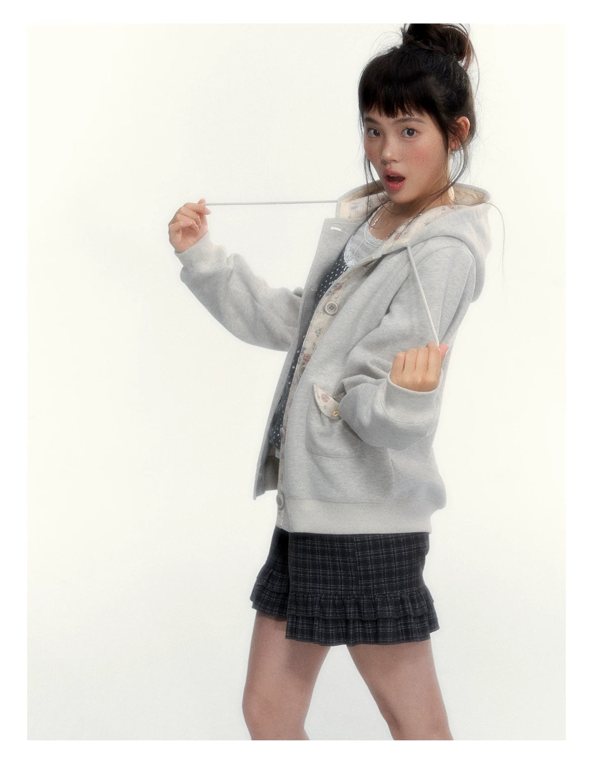 “Blooming Reverie” Light Heather Gray Floral Hooded Cardigan Sweatshirt