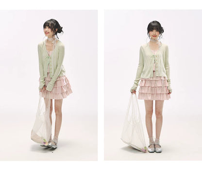 "Comfort Corner" Tie-Front Knit Cardigan (Melon Green/ Peacock Blue)