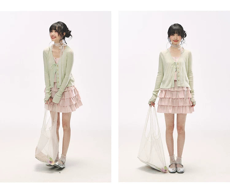 "Misty Pink Reverie" Petal Pink Lace Tie Tiered Sleeveless Dress