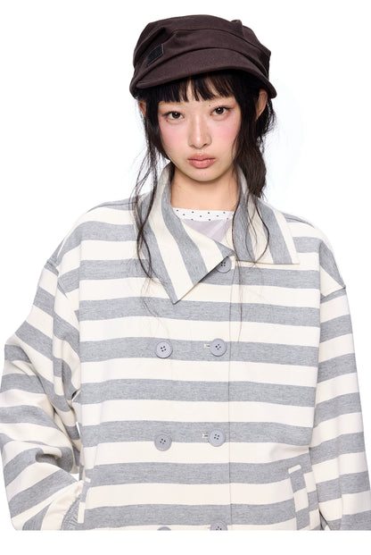 EZEK | Striped Asymmetrical Collar Cardigan Sweatshirt with Double-Breasted Buttons