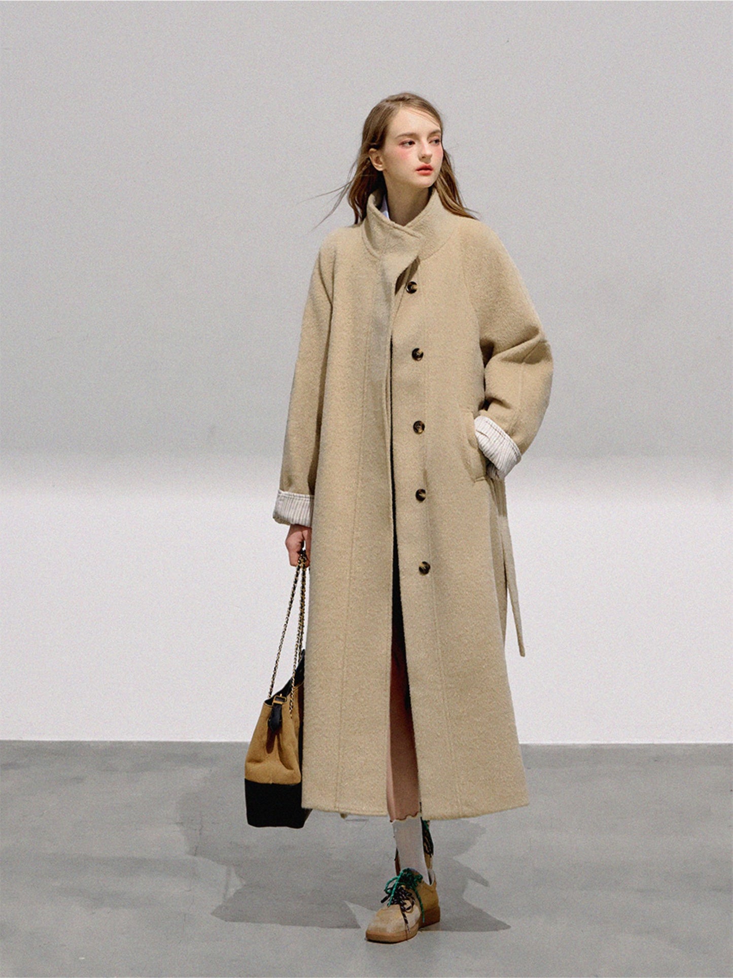 BOHOL BLING - Vintage Preppy Khaki Wool Blend Long Coat